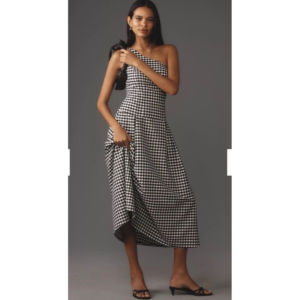 Anthropologie One Shoulder Gingham Midi Classic Dress Sz Lg NWT